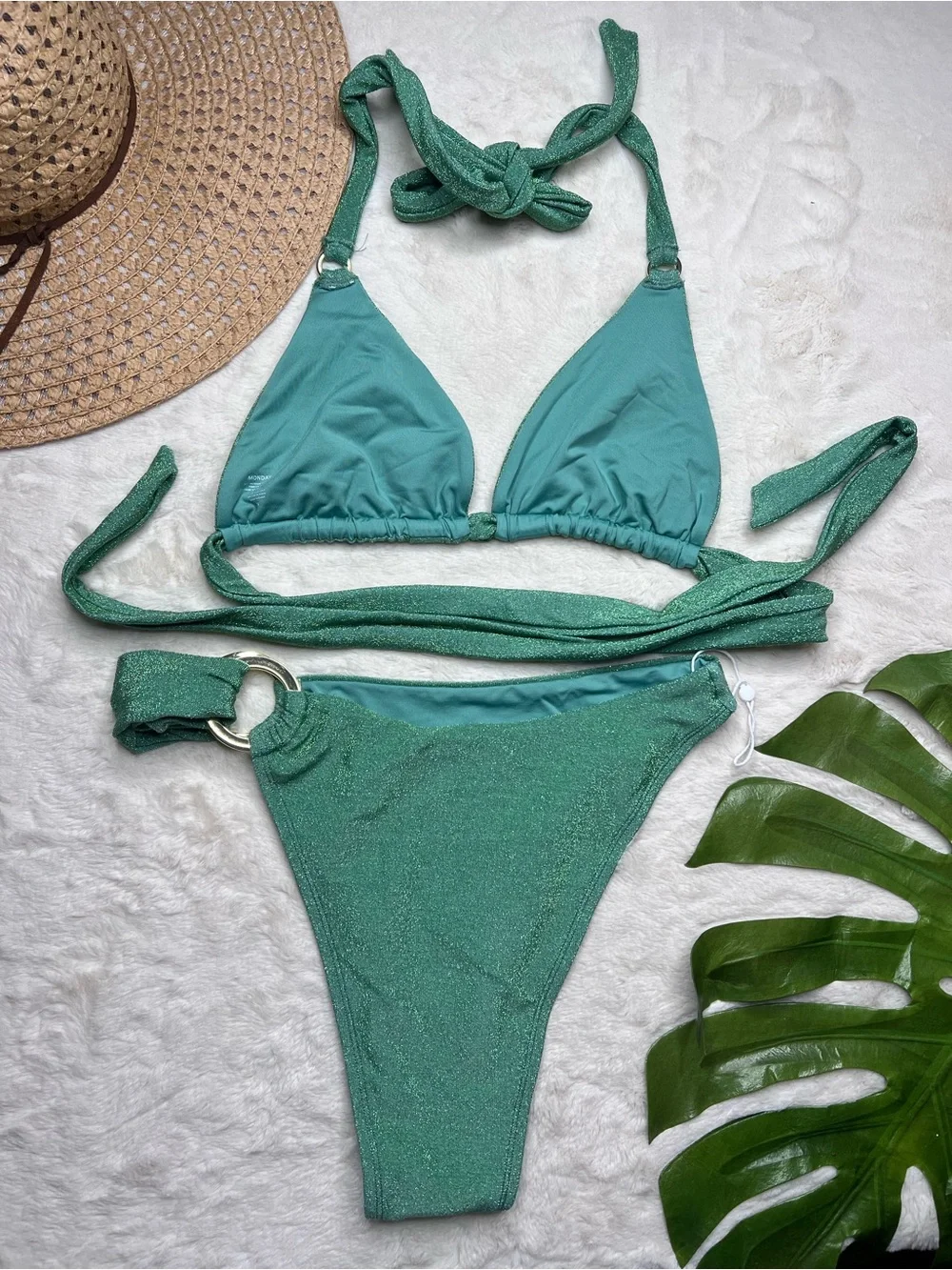 Monday Swimwear Bikini Set V XL Metallic Green Shimmer Triangle Top Ring Bottom